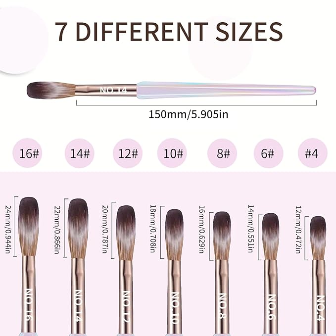 7PCS Acrylic Nail Brush Set,Size 4/6/8/10/12/14/16 Professional Nail Brushes for Acrylic Application Extension and 3D Carving for Nail Home Salon DIY