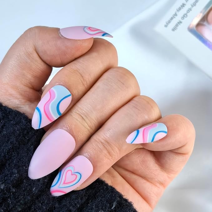 Long Oval Matte Pink Press On Nails 24Pcs Wave Heart Sweet Cool Nails Gel Reusable Artificial Nails With Nail Glue Adhesive Tabs Beginner Friendly