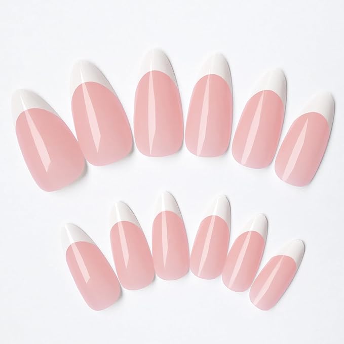 AddFavor French Tip Press on Nails Medium Almond Fake Nails, 120pcs White French Tip Nails Glossy Nude Almond Nails Press on Artificial False Nail with Adhesive Tab for Women Girls