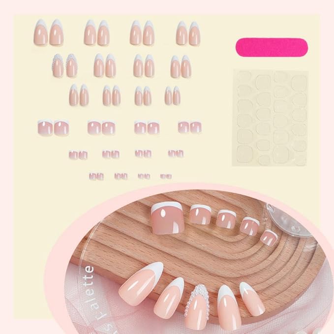 48Pcs White French Tip Press on Toenails Press on Nails Medium Almond Fake Nails with Design Pearl Glue on Nails Nude False Nails Glossy Reusable Summer Nails Toenails for Women Manicure