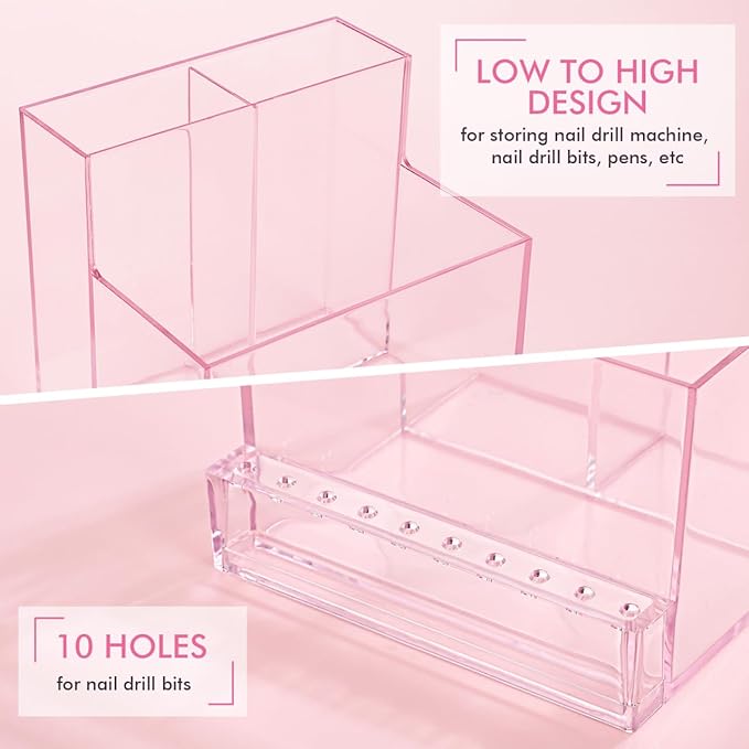 FRCOLOR Nail Drill Holder 10 Holes Mini Nail Drill Machine Bits Storage Box Transparent Acrylic Desk Organizer Stand Pink