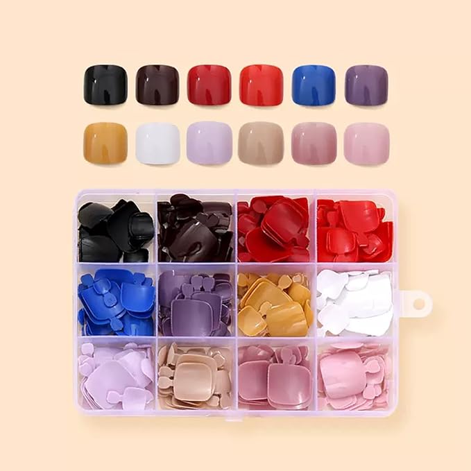 288Pcs Press on Toenails Short Square Fake Toenails Solid Color False Toenails Pure Color False Toenail Tips Glossy Toe Nails Press ons Artificial Stick on Toe Nail for Women Manicure 12Colors
