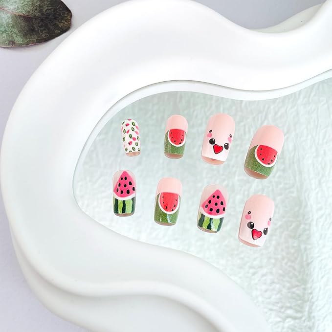 Cute French Tip Press on Nails Short Square Fake Nails with Designs Watermelon Glue on Nails Summer Fruit Acrylic Nails Press ons Glossy Full Cover Stick on Nails for Women Girls 24Pcs
