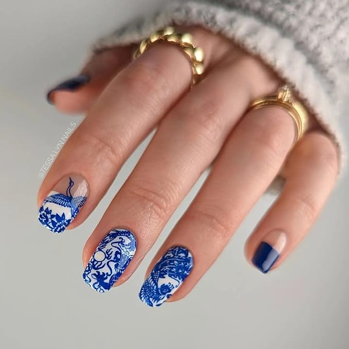 Maniology Porcelain Nail Stamping Plate | Chinese Ceramic–Inspired Floral Designs for Elegant DIY Manicures – Reusable, Rectangular Stainless Steel Nail Art Template