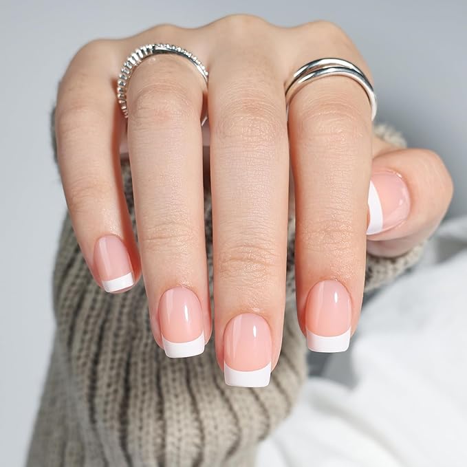 French Tip Press On Nails, Short Square Press on Nails White Nails Press Ons for Women Fake Nails with Glue, Glossy Reusable Glue on Nail in 15 Sizes - 30pcs, Porcelain French