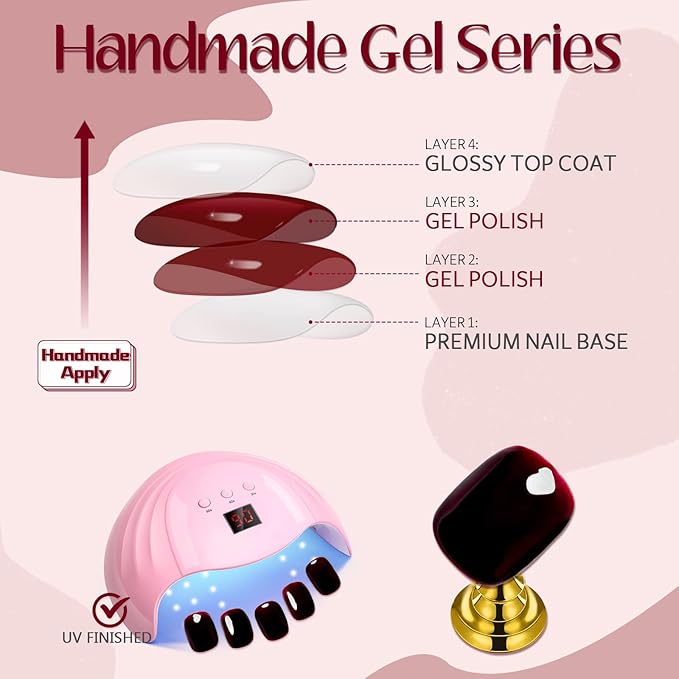 GLAMERMAID Dark Red Press On Nails Short Almond, Valentines Blood Deep Red Handmade Soft Jelly Gel Fake Nails Burgundy, Round Oval Stick Glue on Nails Kit for Women Girl Gift, Reusable False Nail Set