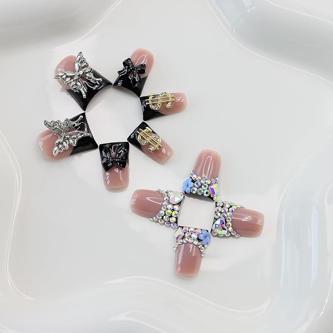 10Pcs Handmade French Tip Press on nails Short Duck Fake Nails with 3D Butterfly Bow Rhinestone Design Duck False Nails Multi-Layer Acrylic Nails Press ons Artificial Glue on Nail for Women (M)