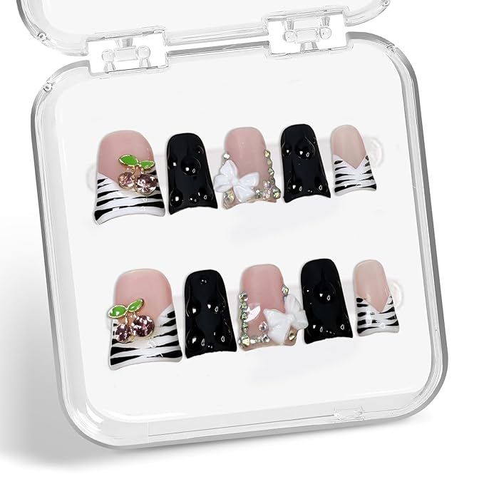 Duck Press on Nails Short Handmade 3D Flower & Cherry Fake Nails Muti-Layer Gel Thick Acrylic Nail Stripe French Tip False Nails with Designs Rhinestones Glossy Black Stick on Nail for Women（S）