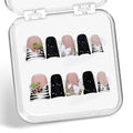 Duck Press on Nails Short Handmade 3D Flower & Cherry Fake Nails Muti-Layer Gel Thick Acrylic Nail Stripe French Tip False Nails with Designs Rhinestones Glossy Black Stick on Nail for Women（S）