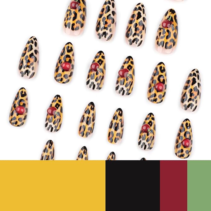 Leopard Press on Nails Short Almond Fake Nails Yellow Nails Press ons with Leopard Print & Cherry Designs Glossy Acrylic Full Cover Stick on Nail for Women Girls Manicure 24Pcs