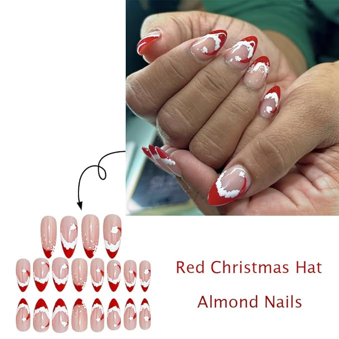 Christmas Press on Nails Short Almond Fake Nails Christmas Hat French Tip False Nails Press ons Cute Full Cover Stick on Nails Winter Xmas Acrylic Nail for Women Manicure 24Pcs