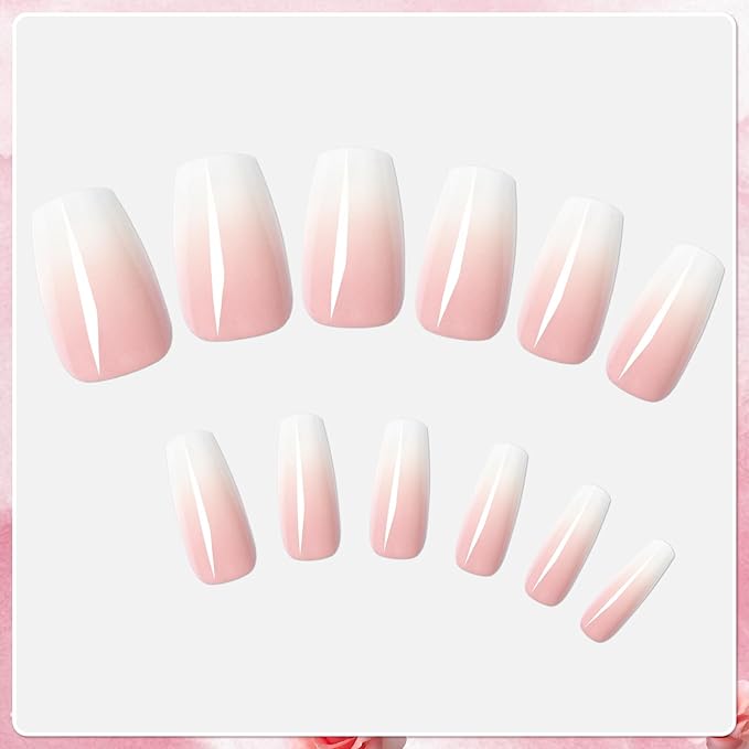 AddFavor 240pc Ombre Coffin Press on Nails Medium Fake Nails - Glue on Nails Coffin Acrylic Nails Press ons Nail Tips Medium Stick on Nails with Nail Glue and Adhesive Tabs for Women