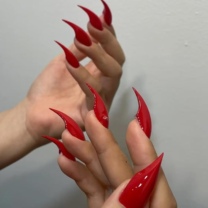 Luxury Press on Nails Medium Stiletto Handmade Eagle Claw Reusable ABS Material Red Curved Fake Nails Dragon Claw Solid Colour Design Cat Claw Unique Glossy Glue on Nail Thick Acrylic Nails(S)