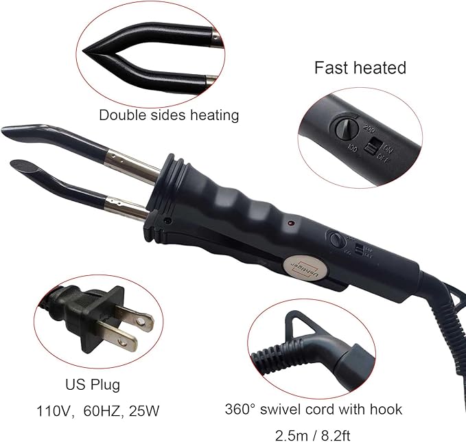 Keratin Hair Extensions Tools Hair Extension Heat Tool Fusion Bonding Machine Set Fusion Heat Iron Connector Wand Melting Gun for Hair Extensions Install Black