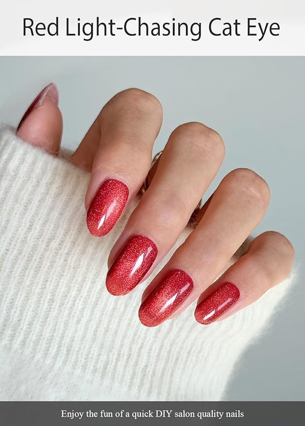 Semi Cured Gel Nail Strips (Red Light-Chasing Cat Eye), 20 Pcs Gel Nail Wraps, Stickers, Works with Any UV Lamps