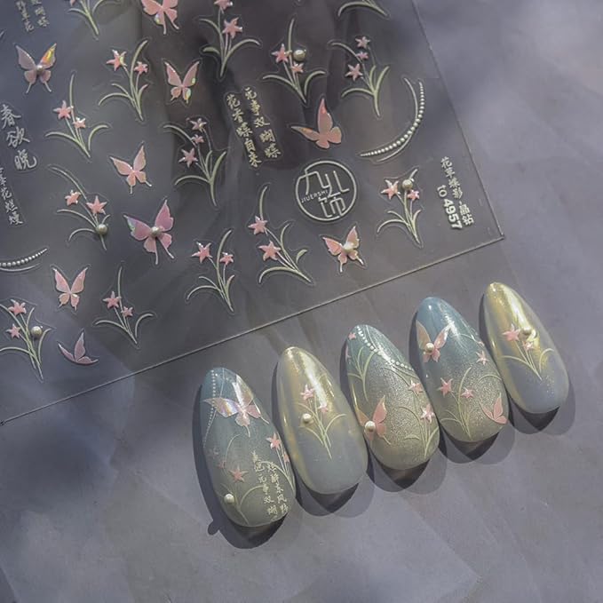 Simple Plants Decorative Nail Art Stickers, Floral and Butterfly Design, White and Pink, 2 Sheets
