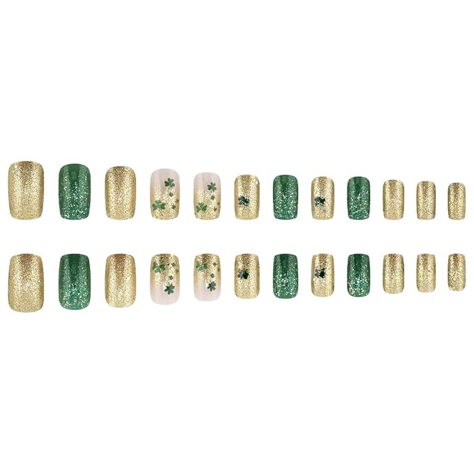 St. Patrick's Press on Nails Medium Square Fake Nail Gold Green Glitter False Nails Full Cover Clover Stick on Nails Green Glue on Nail Artificial Acrylic Nails for Women 24Pcs