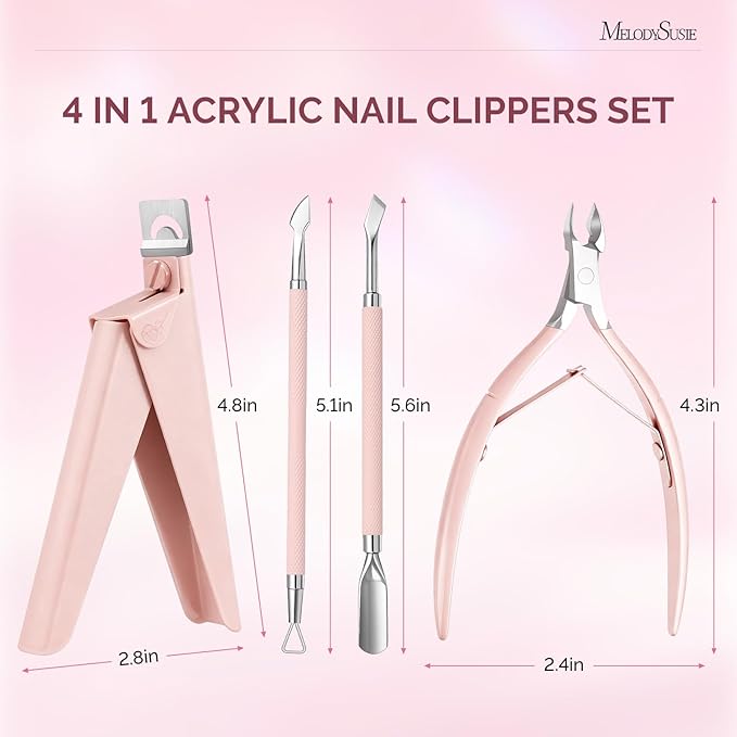 Melodysusie 4 in 1 Acrylic Nail Clippers Set, with Cuticle Trimmer and Dual-Ended Cuticle Pusher Remover, Stainless Steel Acrylic Nail Cutter Set, Pedicure Manicure Acrylic Nail Tools for Home Salon