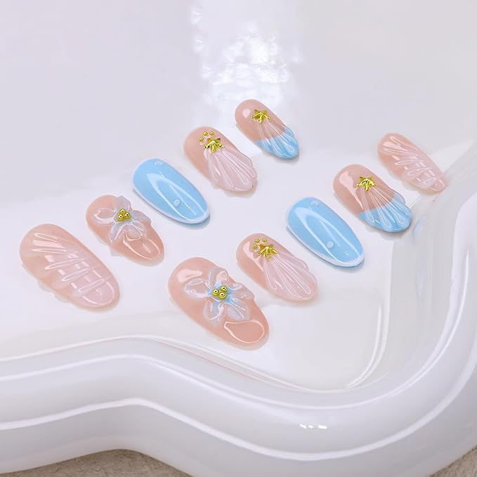 Flower Press on Nails Blue French Stick on Nails Short Almond Fake Nails Set Handmade 3D Flower Starfish Water Ripple Designs Thick Acrylic Nail Full Cover False Nail for Women (Size S)