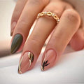 Green Press on Nails Short Almond Fake Nails with Designs Leaf False Nails Press ons Glue on Nails Glossy Full Cover Acrylic Nail Artificial Stick on Nail Manicure for Women 24Pcs