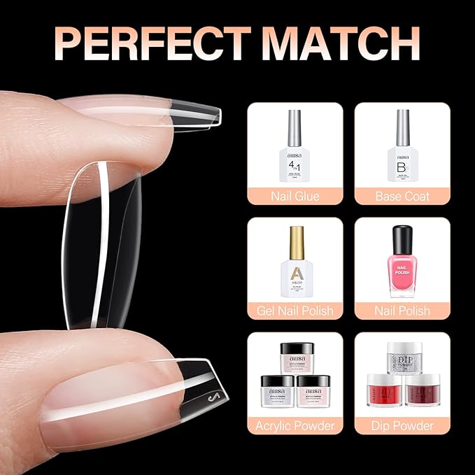 AILLSA Clear Coffin Nail Tips 504pcs Short Gel Nails Tips Soft Full Cover False Nail Tip Pre-shaped Press on Nails Tip for Extensions Gel DIY Salon Art 12 Sizes