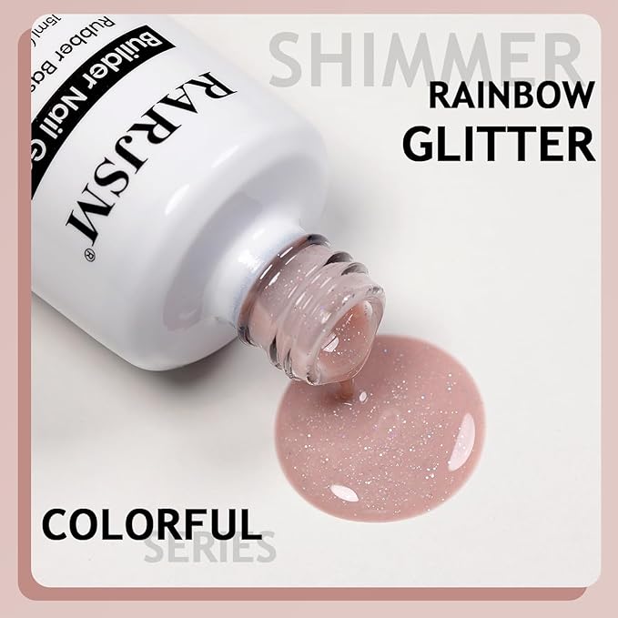 RARJSM Glitter Rubber Base Gel Nail Polish Nude Gray Pink Rubber Base Rainbow Iridescent Shimmer Brush on Quick Extend Builder Hard Gel Soak Off Curing Requires 15ml Salon Home French Manicure