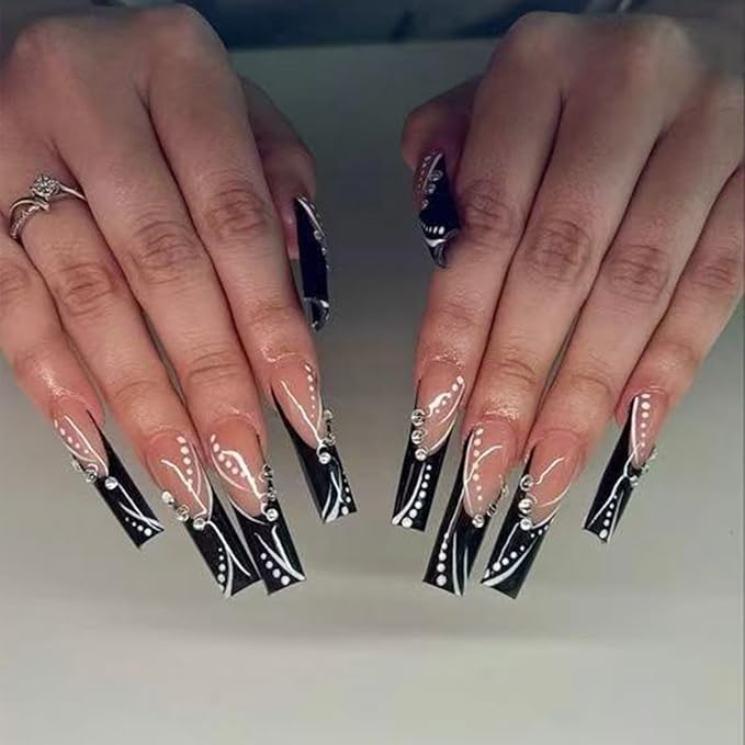 Square Press on Nails Long Black Stick on Nail Tips Nails Press ons with Embossed Charm Press on False Nails for Women 24pcs