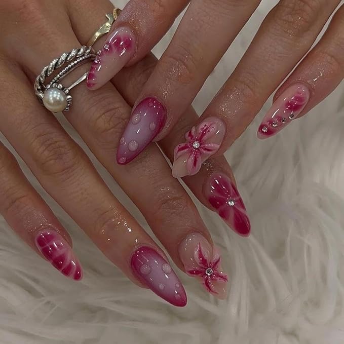 Ombre Pink Press on Nails Medium Almond False Nails with Rhinestone Charm Design 3D Flower Stick on Nails Glossy Summer Fake Nails Reusable Handmade Glue on Nails for Women Girls Manicure 24Pcs