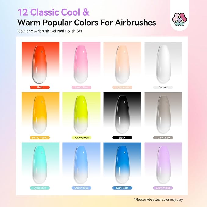 SAVILAND Airbrush Gel Nail Polish Hema-Free: Dilution-free 30ML Airbrush Polish Set, Cool & Warm Colors Non-Acetone Airbrush Stencils for Nails Airbrush for French Nail Art Manicure DIY Salon & Party