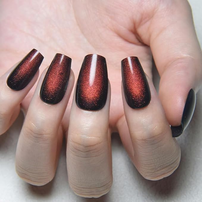 evpct Reddish Brown Cat Eye Coffin Press on Nails Square Medium, Medium Square Stick on Nails for Women Gift, Wine Red Metallic Glitter Glossy Reusable Spring Summer Gel Press on Acrylic Fake Nail