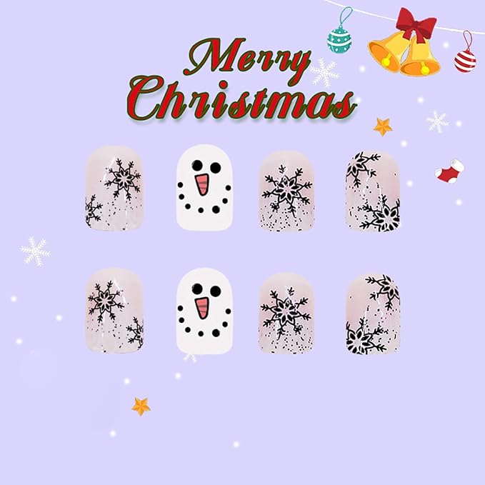 24pcs Christmas Press on Nails Short Square Black Snowflake Designs Cute Snowman False Nails With Glitter Winter Xmas Artificial Nail Decoration for Women Girl