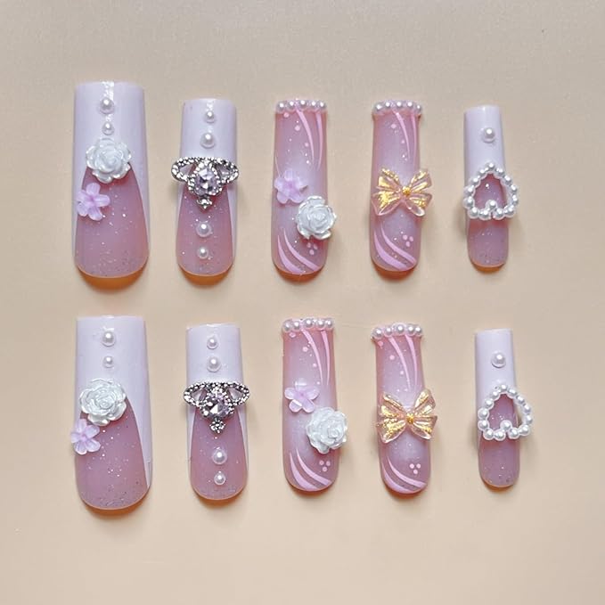 Press on Nails Long Pink False Nails Inlaid with Heart-Shaped Pearls, White Roses, Bows, and Crowns Showing The Noble Temperament of Women Girls' Fake Nails - 24 pieces (with Free Tool Kit)