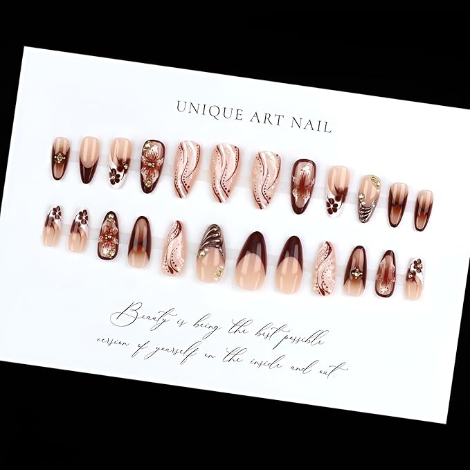 French Tip Press on Nails Medium Almond Fake Nails White Brown Nails Press Ons Brown Flower False Nails with Gold Rhinestones Design Glossy Glue on Nail Acrylic Stick on Nail for Women Set 24Pcs