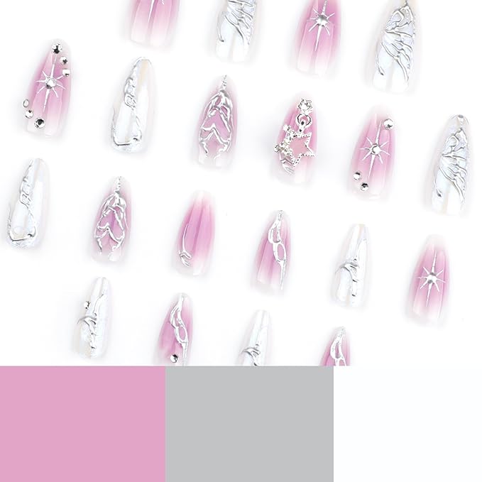 Almond Press on Nails Medium Length Fake Nails with 3D Butterfly Designs Purple Gradient False Nails Full Cover Glue on Nails Sliver Stripe Fake Nails for Women and Girls 24Pcs