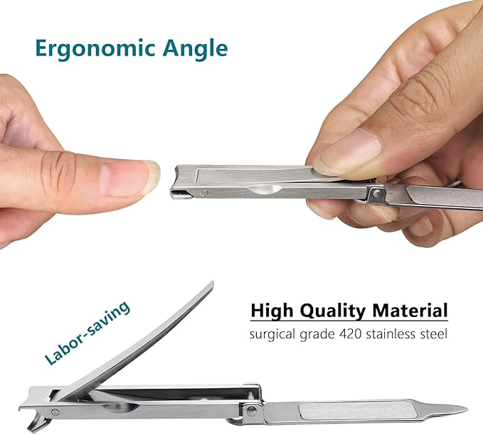 Ultra Thin Portable Fingernail Clipper Small Pocket Folding Nail Clippers, Wide Jaw Cutter with Keychain Curved Trimmer, Flip Open Brushed Finish (Small-Brushed)