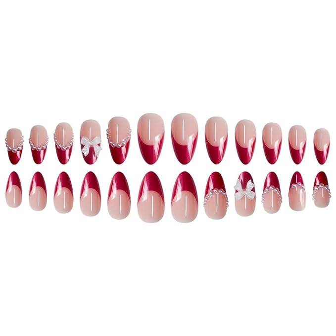 Medium Press on Nails Almond Fake Nails French False Nails Red Artificial Nails with White Bow Designs Stick on Nails for Women 24pcs