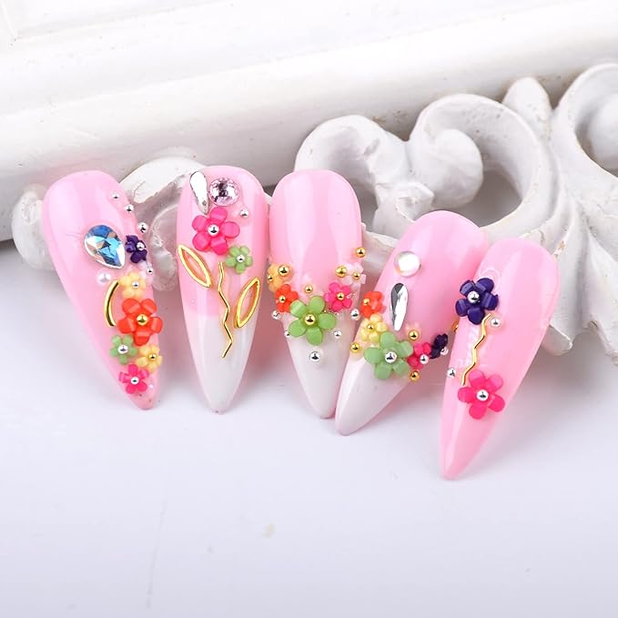 Mixed 3D Flower Nail Charms and Metal Caviar Beads, Acrylic Resin Flowers Nail Design Gold Silver Nail Ball Beads for DIY Decoration Nail Craft Accessories With Pickup Pencil（Style F)