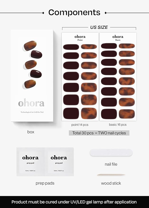 ohora Semi Cured Gel Nail Strips (N Pumpkin Swirl) - Brown, Marble, Works with Any UV/LED Lamps, Salon-Quality, Long Lasting, Easy to Apply & Remove - Includes 2 Prep Pads, Nail File & Wooden Stick