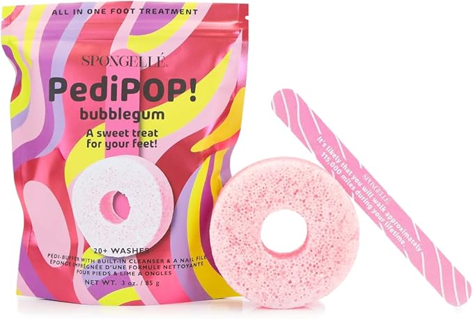 Spongellé Bubblegum PediPOP! Pedi Buffer & Nail File | All-in-One Pedicure Treatment | Exfoliates, Softens & Cleanses | 30+ Washes | Vegan & Cruelty-Free