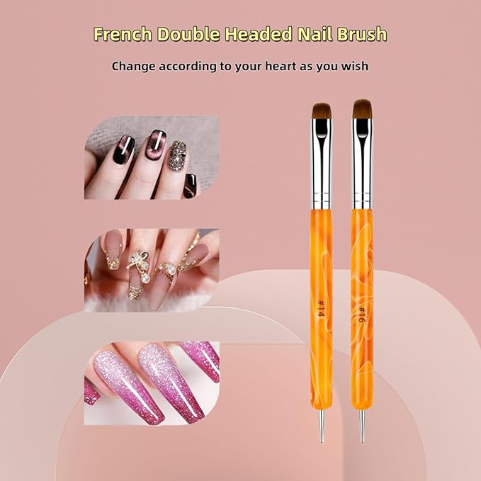 French Brush for Nails Premium 2 Way French Gel Acrylic Nail Art Brush and Dotting Tool, 2 Pcs French Tip Brush 14 and 16 Professional Nail Salon Quality Brush, Nail Dotting Pen (Orange)