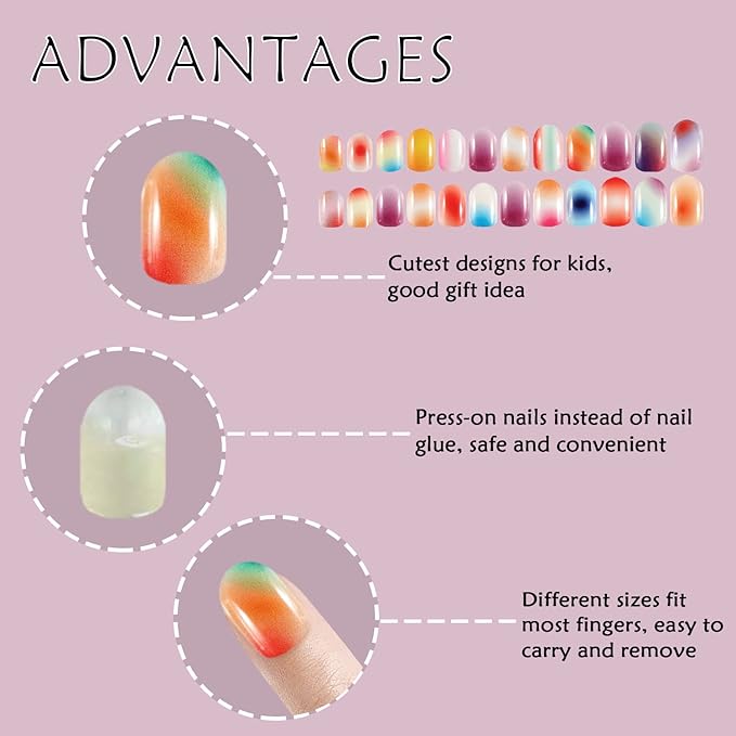 Laza 72pcs Children Nails Press On Pre-glue Full Cover Gradient Blooming Color Mixing Rainbow Short False Nail Kits for Kids Teenager Girls - Blooming Rainbow