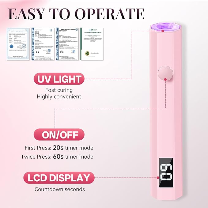 krofaue Mini Handheld UV Light for Gel Nails with Stand, Portable Rechargeable Nail Lamp with 2 Timers, Flash Cure for Rhinestone Glue Decoration at Home DIY, Travel