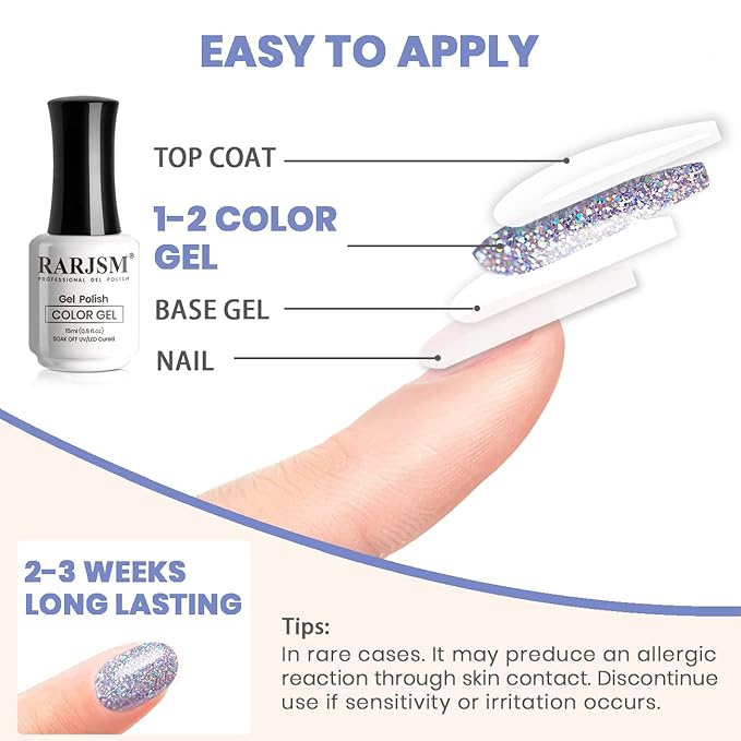 RARJSM Glitter Gel Nail Polish Diamond Blue Sparkly Holographic Iridescent Gel Polish Soak off L e d U V Curing Required Long Lasting High Pigment for Home Salon Manicure Nail Art 15ml