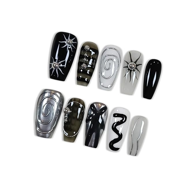 Medium Coffin Press On Nails, Handmade Soft Gel Abstract Black White Grey Fake Nails with 3D Silver Swirls, Metallic Charms & Stud Accents, Reusable False Nails Kit, 10PCS (Size L)