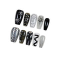 Medium Coffin Press On Nails, Handmade Soft Gel Abstract Black White Grey Fake Nails with 3D Silver Swirls, Metallic Charms & Stud Accents, Reusable False Nails Kit, 10PCS (Size XS)