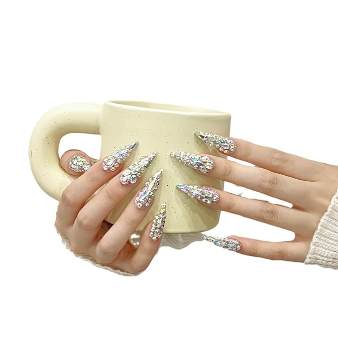 3D Handmade Long Stiletto Press on Nails Almond Acrylic Fake Nails Kit,Reusable False nails,Rhinestone Luxury glitter Design Nail Art Kit,Include Toolkit,10Pcs,Size M,#986