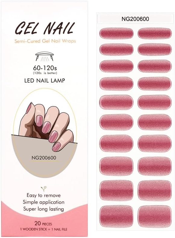 Semi Cured Gel Nail Strips 20 Pcs Pink Red Cat Eye Gel Nail Wraps, Stickers, UV Light Required Nail Art Design Decoration Accessories