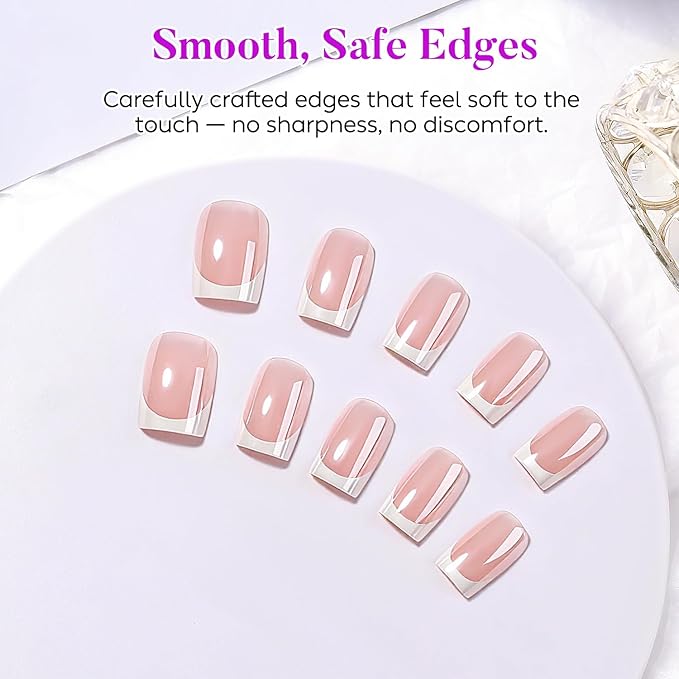 Luxbon Square Press On Nails with No-Cure Nail Glue and Tool Kit – French Manicure Glue On Nails 30-32pcs Full Size Set, Reusable Fake Nails for Women, Salon Look at Home, Optical Plating, White