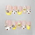 Luxury Press on Nails Medium Almond Handmade 3D Unique Reusable ABS Material Fake Nails French Tip False Nails with Designs Rhinestones Floral Art Petal Glossy Glue on Nails Thick Acrylic Nails(S)