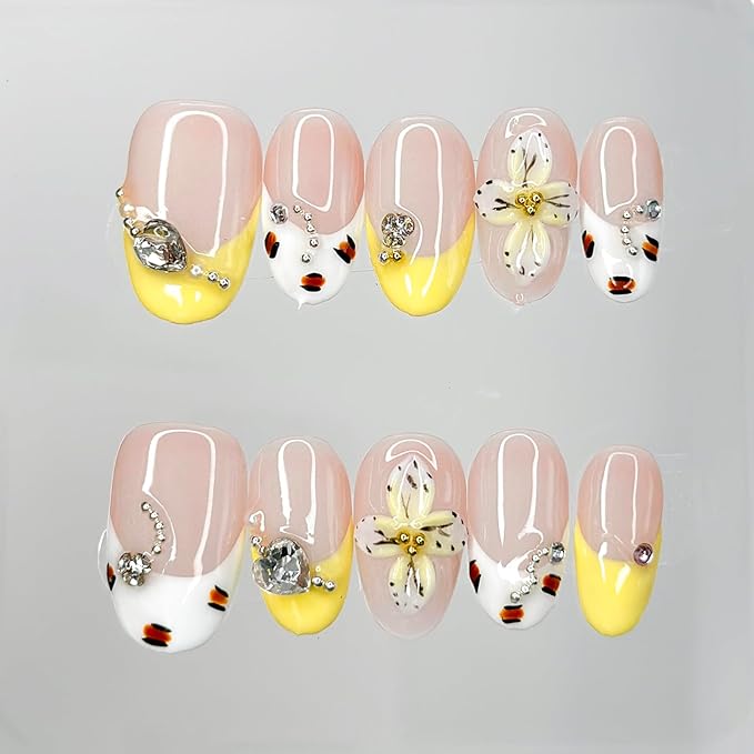 Luxury Press on Nails Medium Almond Handmade 3D Unique Reusable ABS Material Fake Nails French Tip False Nails with Designs Rhinestones Floral Art Petal Glossy Glue on Nails Thick Acrylic Nails(S)
